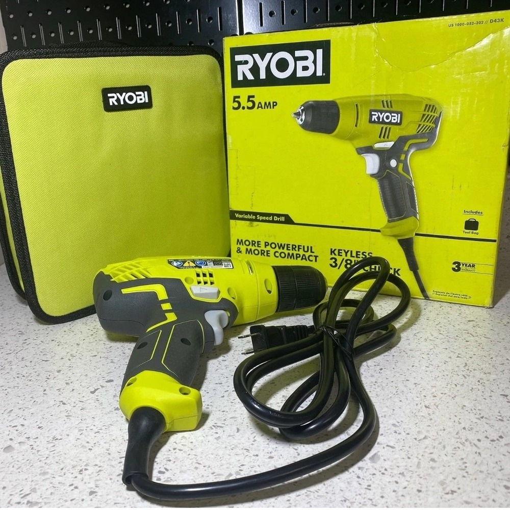 Ryobi 5.5 Amp Variable Speed Corded Drill 3/8 Inch Keyless Chuck D43K with Bag